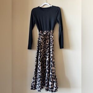 Leopard Print Long Sleeve Crew Neck Mixed Media Midi Dress